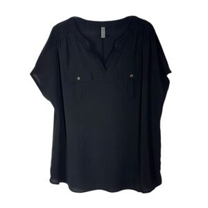 PerSeption Woman Black Pocket Front Gold Accent Blouse